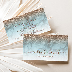 Glam Turquoise Marble Bronze Glitter Script Business Card