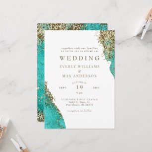 Glam Turquoise & Metallic Gold Wedding Invitation