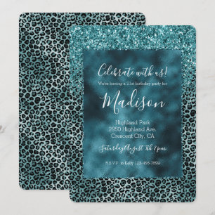 Glam Turquoise Teal Blue Leopard Print Glitter Invitation