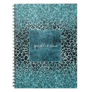Glam Turquoise Teal Blue Leopard Print Glitter Notebook