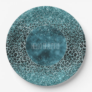 Glam Turquoise Teal Blue Leopard Print Glitter Paper Plate