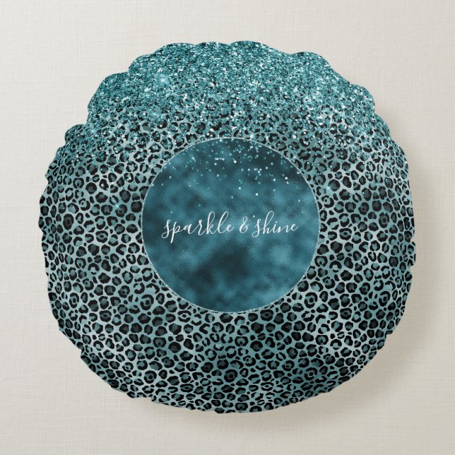 Glam Turquoise Teal Blue Leopard Print Glitter Round Cushion (Front)