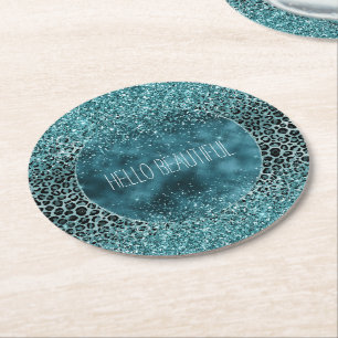 Glam Turquoise Teal Blue Leopard Print Glitter Round Paper Coaster