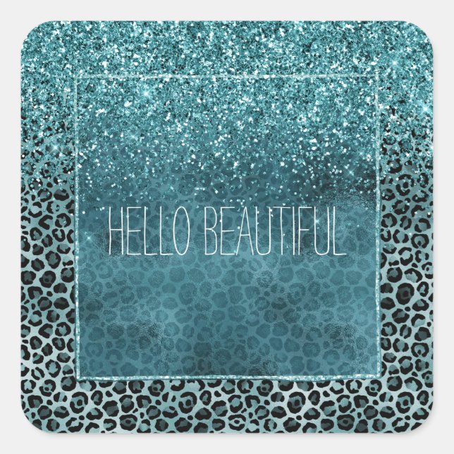Glam Turquoise Teal Blue Leopard Print Glitter Square Sticker (Front)