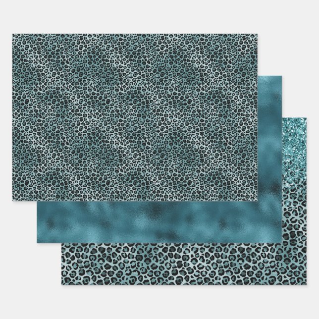 Glam Turquoise Teal Blue Leopard Print Glitter Wrapping Paper Sheet (Set)