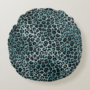 Glam Turquoise Teal Blue Leopard Print    Round Cushion