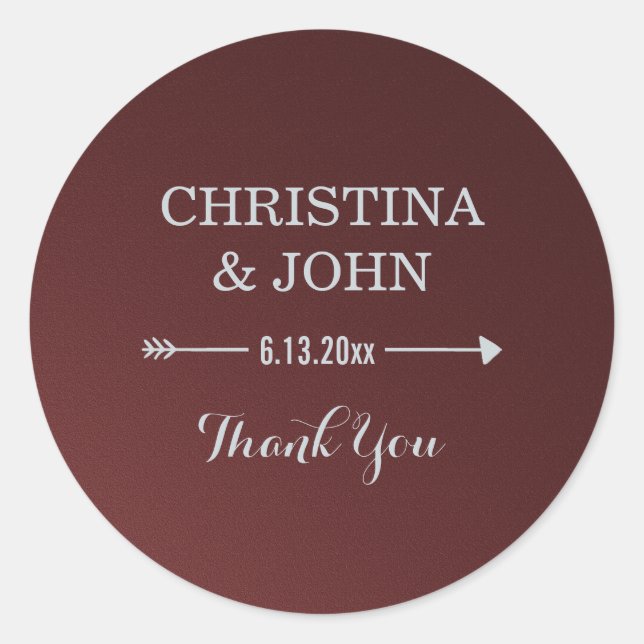 Glam Upscale Marsala and Silver Wedding Thank You Classic Round Sticker (Front)