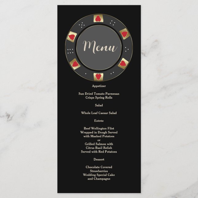 Glam Vegas Casino Gold Poker Chip Wedding  Menu (Front)
