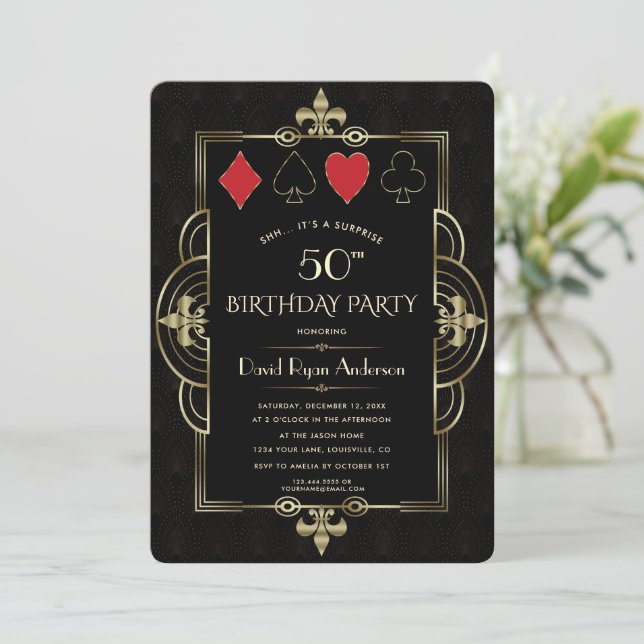 Glam Vegas Casino Royale Art Deco 50th Birthday  Invitation (Standing Front)