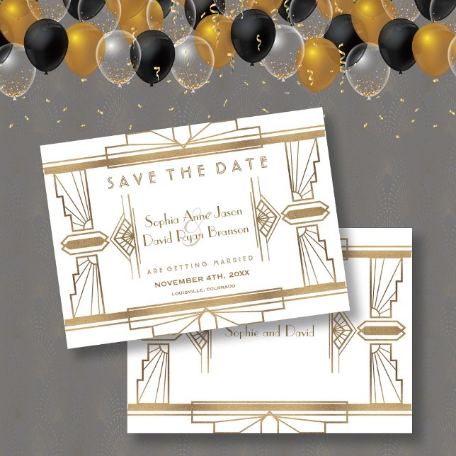 Glam White 1920's Great Gatsby Save The Date (trendy Art Deco save the date, roaring 20s wedding save the date, save the date invitation, )