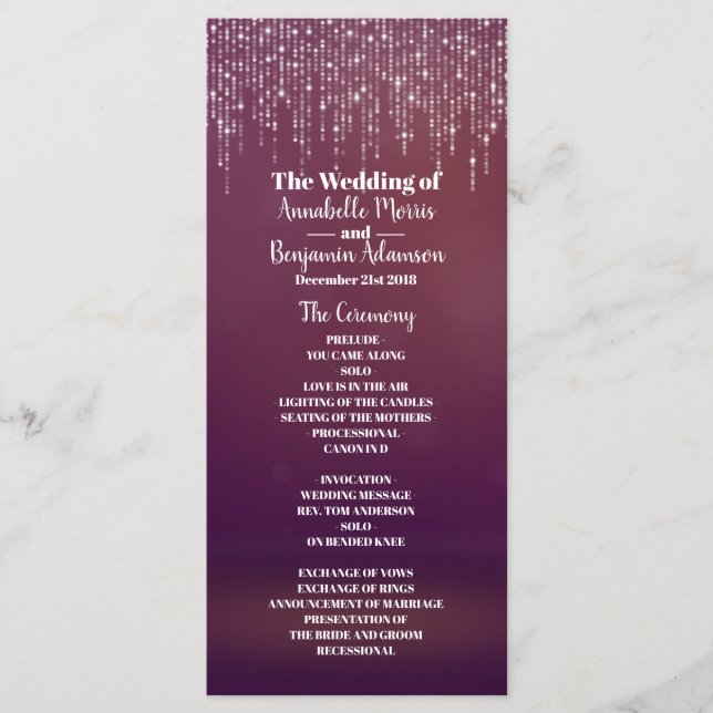 Glam White Fairy Light Purple pink Wedding Program Programme (Front)