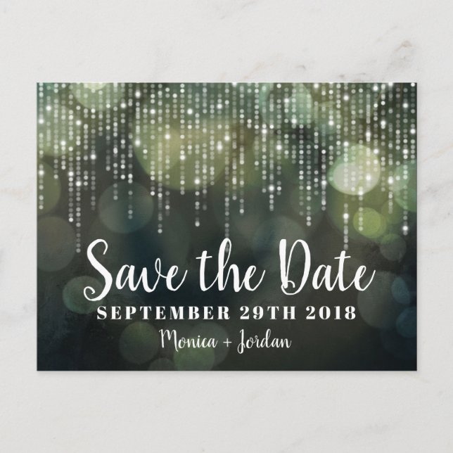 Glam White Fairy Lights black green SAVE THE DATE Announcement Postcard (Front)