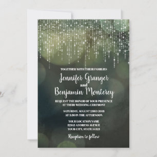 Glam White Fairy Lights green BOKEH Wedding Invitation