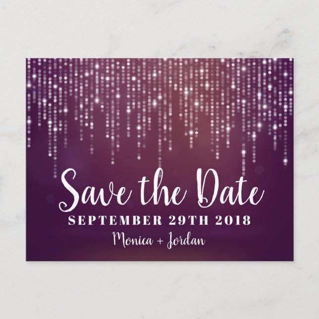 Glam White Fairy Lights pink purple SAVE THE DATE Announcement Postcard (Front)