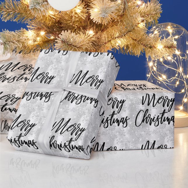 Glam White Floral Glitter Merry Christmas Script Wrapping Paper (Holidays)