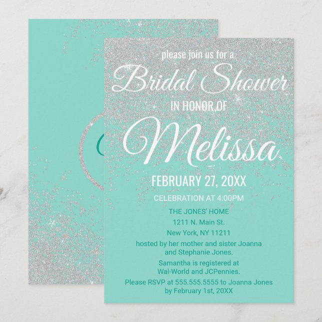 Glam White Glitter Sparkles Teal Bridal Shower Invitation (Front/Back)