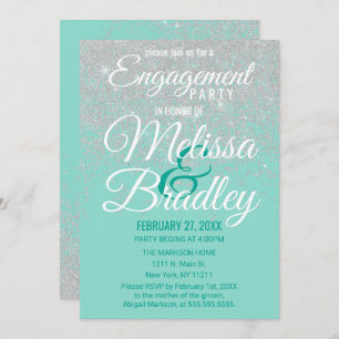 Glam White Glitter Sparkles Teal Engagement Invitation