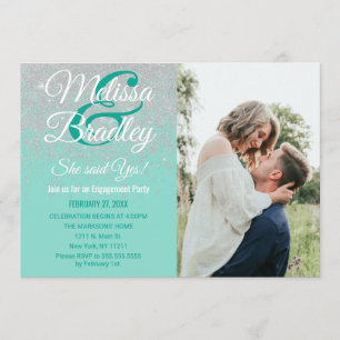 Glam White Glitter Sparkles Teal Engagement Invitation