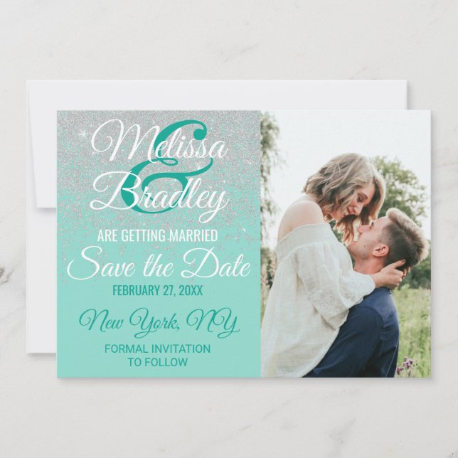 Glam White Glitter Sparkles Teal Save the Dates Invitation (Front)