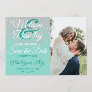 Glam White Glitter Sparkles Teal Save the Dates Invitation