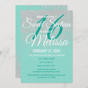 Glam White Glitter Sparkles Teal Sweet 16 Invitation