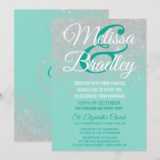 Glam White Glitter Sparkles Teal Wedding Invitation (Front/Back)