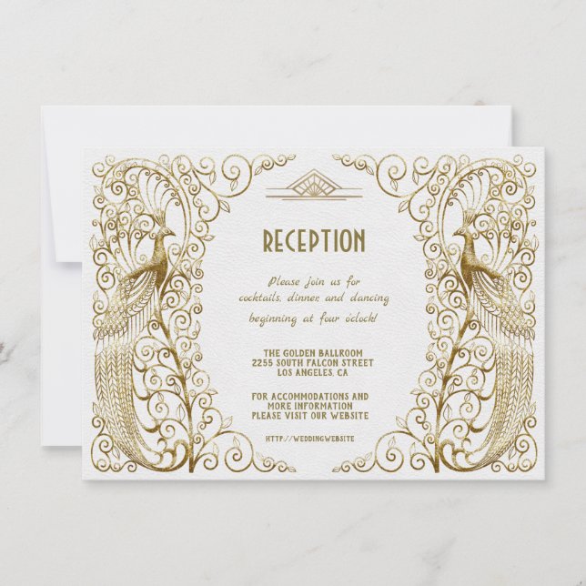 Glam White Gold Art Deco Peacock Wedding Reception Invitation (Front)