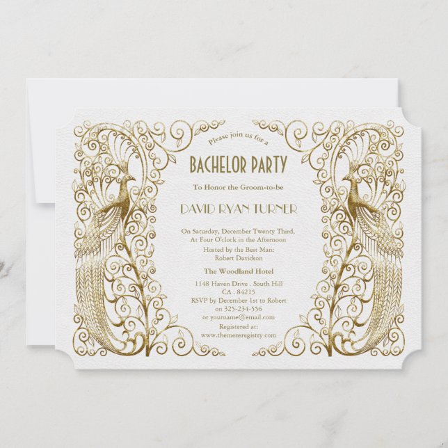 Glam White Gold Art Deco Peacocks Bachelor Party Invitation (Front)