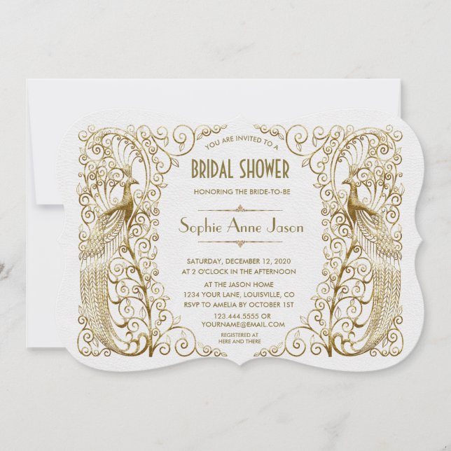 Glam White Gold Art Deco Peacocks Bridal Shower Invitation (Front)