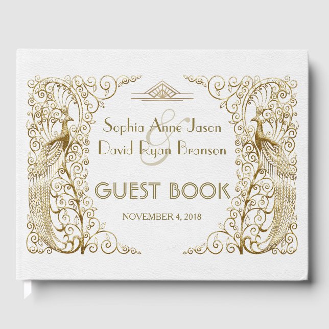 Glam White Gold Art Deco Peacocks Wedding Guest Book (Front)