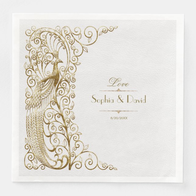 Glam White Gold Art Deco Peacocks Wedding Napkin (Front)