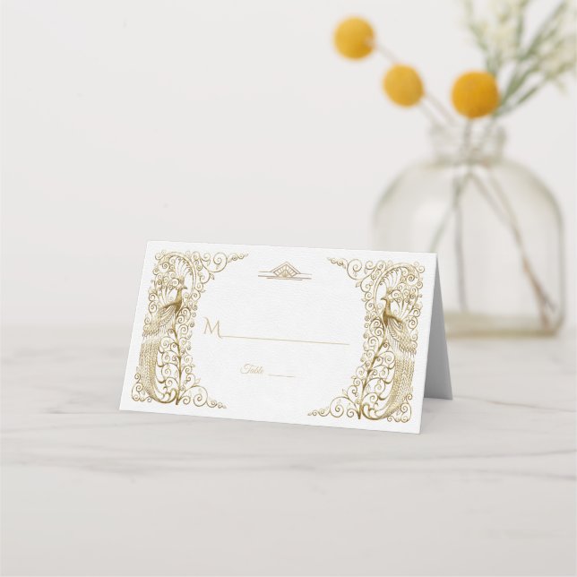 Glam White Gold Art Deco Peacocks Wedding Place Card (Front)