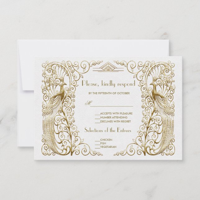 Glam White Gold Art Deco Peacocks Wedding RSVP (Front)