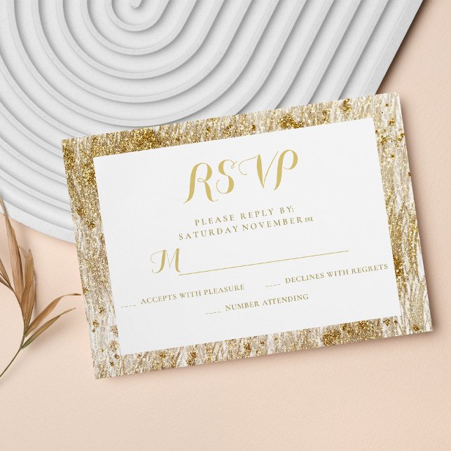 Glam white gold glitter borders elegant wedding RSVP card (Glam white gold glitter borders elegant wedding RSVP)