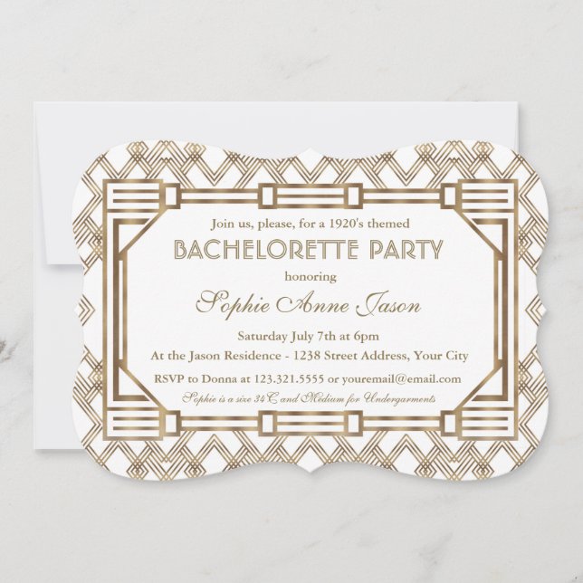 Glam White Gold Great Gatsby Bachelorette Party Invitation (Front)
