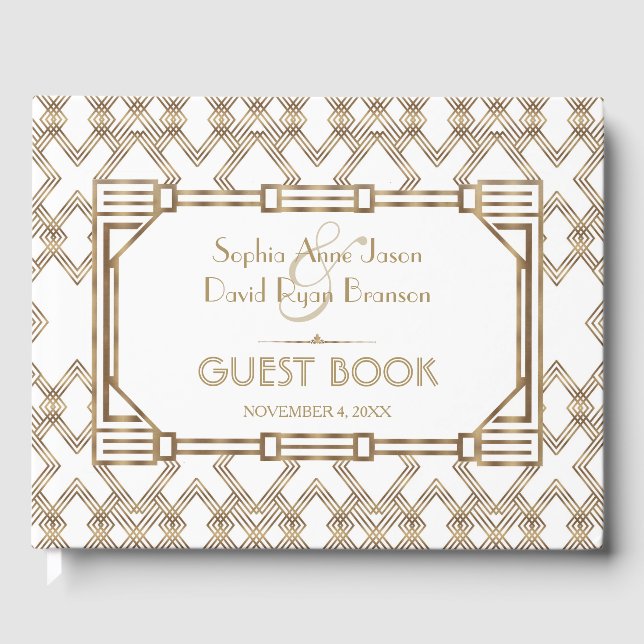 Glam White Gold Great Gatsby Wedding Guest Book (Front)