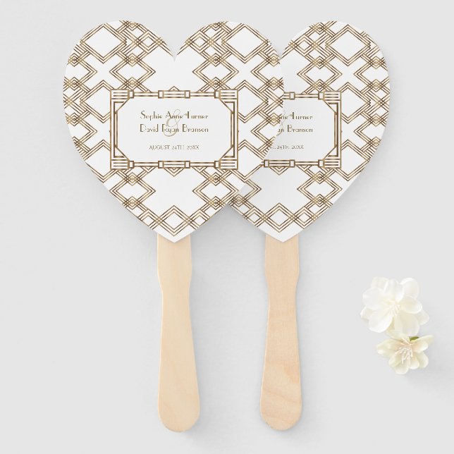 Glam White Gold Great Gatsby Wedding Hand Fan (Front and Back)