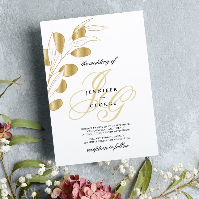 Glam white gold monogram initials floral wedding invitation (Glam white gold monogram initials floral wedding)