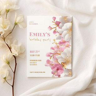 Glam white gold pink elegant floral birthday invitation