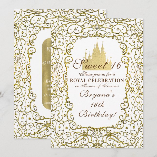 Glam White & Gold Royal Castle Princess Sweet 16 Invitation (Front/Back)