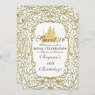 Glam White & Gold Royal Castle Princess Sweet 16 Invitation
