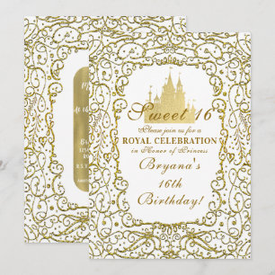 Glam White & Gold Royal Castle Princess Sweet 16 Invitation