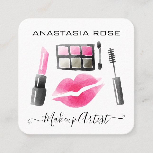Glam White & Pink Lipstick Eyeshadow Makeup Artist Square Business Card (Front)