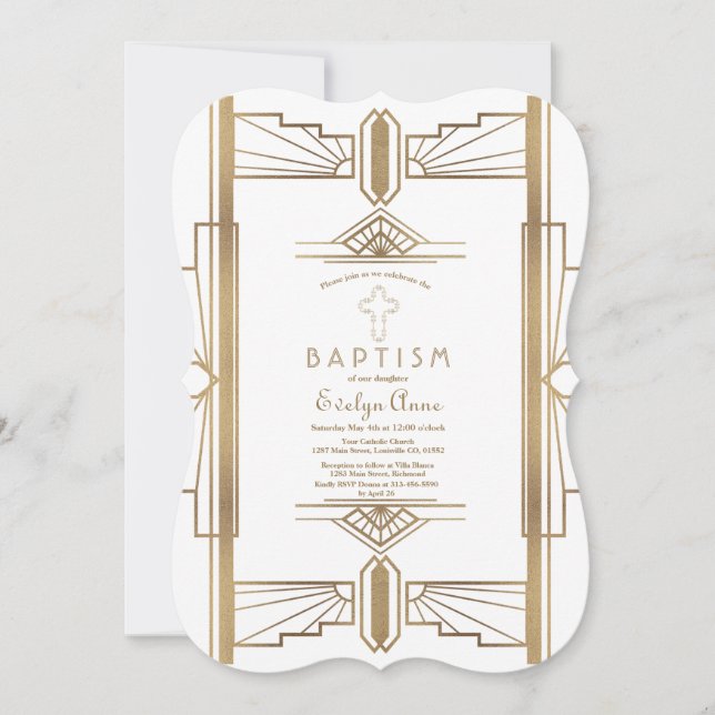 Glam White Roaring 20's Great Gatsby Baptism Invitation (Front)