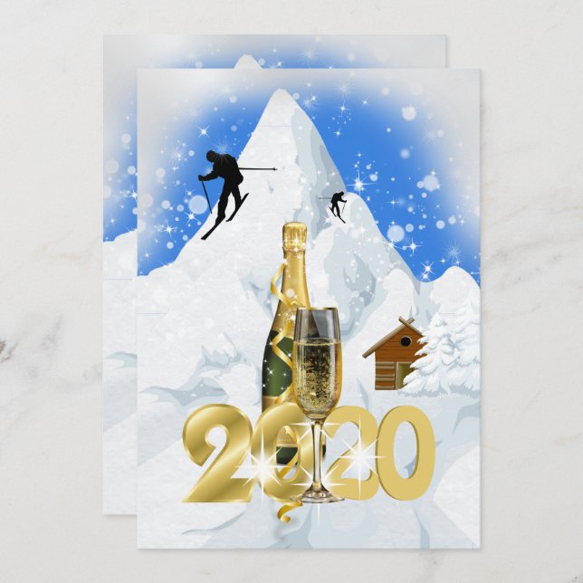 Glam winter snow skiing alps chalet champagne invitation (Front/Back)