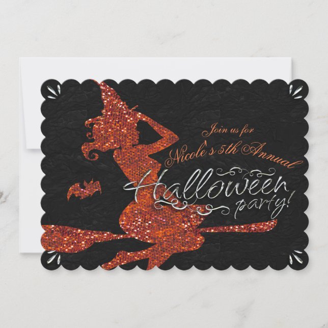 Glam Witch Flying on Broom Halloween Party Invitation (Front)