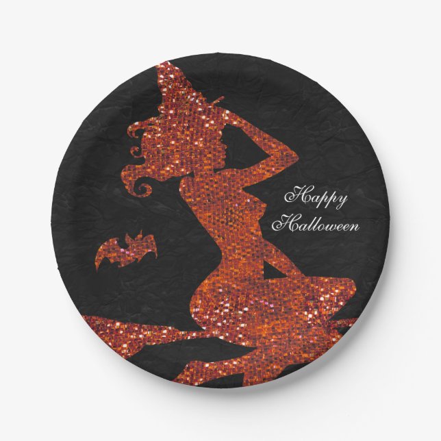 Glam Witch Flying on Broom Halloween Party Paper Plate (Front)
