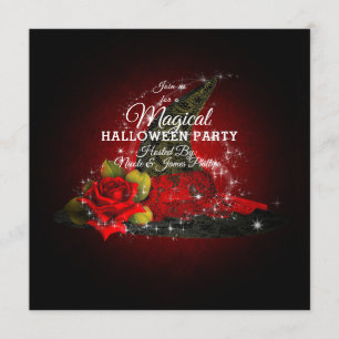 Glam Witch Hat Lacy Black & Red Sparkle Party Invitation