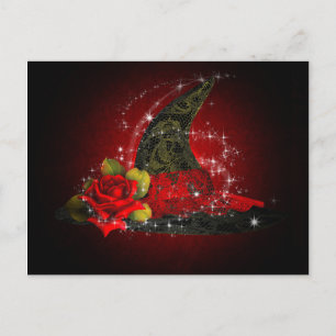 Glam Witch Hat Lacy Black & Red Sparkle Party Invitation Postcard