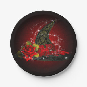 Glam Witch Hat Lacy Black & Red Sparkle Party Paper Plate